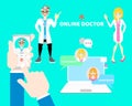 hands and finger holding mobile phone calling doctor, online health care chat with male and female doctor, telehealth concept