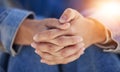 Hands, fingers crossed and prayer, spiritual meditation for woman with hope, trust in god and worship. Mindfulness Royalty Free Stock Photo