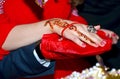 Hands and fingers are drawn to henna . Female hand with henna tattoo . Soft selective focus, close up . There are red lacquer and Royalty Free Stock Photo