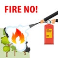 Hands with a fire extinguisher extinguish a fire. A hand with a fire extinguisher extinguishes a forest fire. Banner protection of