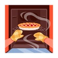 Hands in fireproof gloves open oven door, sweet pie with smoke inside kitchen equipment