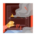 Hands in fireproof protection open oven door, fire and smoke inside, accident in kitchen Royalty Free Stock Photo
