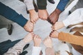 Hands, fist bump and team, support with solidarity and business people with top view and community. Synergy, cooperation