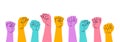 Hands with fists raised up. Mass gathering of people defending their rights. Vector illustration