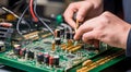 hands fixing computer board, computer board close-up, person fixing computer