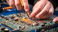 hands fixing computer board, computer board close-up, person fixing computer