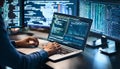 Hands of a focused programmer seated at a sleek modern desk,