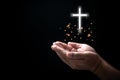 Hands folded in prayer on Holy Bible with cross in church concept for faith, spirituality and religion, Man praying on holy bible Royalty Free Stock Photo