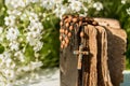 Hands folded in prayer over old Holy Bible. Wooden background.Hands and rosary, prayer, old book with yellow pages. white flowers Royalty Free Stock Photo