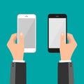 Hands folding smart phone and touching screen - vector template