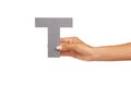 Hands, font and capital letter T in studio isolated on a white background mockup space. Fingers, alphabet and closeup of