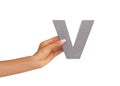 Hands, font and capital letter V in studio isolated on a white background mockup space. Fingers, alphabet and closeup of