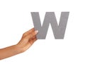 Hands, font and capital letter w in studio isolated on a white background mockup space. Fingers, alphabet and closeup of