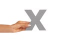 Hands, font and capital letter X in studio isolated on a white background mockup. Fingers, alphabet and closeup of sign