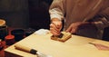 Hands, food and wasabi with sushi chef in restaurant for traditional Japanese cuisine or dish closeup. Kitchen, seafood Royalty Free Stock Photo