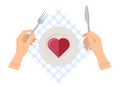 Hands with fork and knife, plate with red jelly heart. Royalty Free Stock Photo