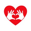 Hands in the form of heart thin line red icon on white background.