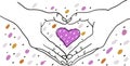 Hands forming heart shape around a colorful romantic heart - hand drawn illustration - Suitable for Valentine, Wedding,