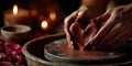 Hands forming heart shape in clay on spinning pottery wheel Royalty Free Stock Photo