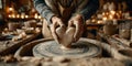 Hands forming heart shape in clay on spinning pottery wheel Royalty Free Stock Photo