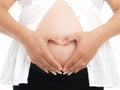 Hands forming heart shape on pregnant belly on white