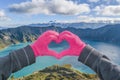Hands Forming Heart Shape at Quilotoa Lake, Latacunga, Ecuador Royalty Free Stock Photo