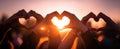 The Hands Forming Hearts Against a Beautiful Sunset Background AI generated image Royalty Free Stock Photo