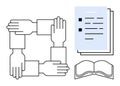 Hands Joined in Unity with Documents and Open Book Representing Collaboration and Knowledge Sharing Royalty Free Stock Photo
