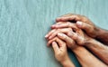 Hands of four generations close-up . Royalty Free Stock Photo