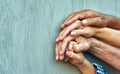 Hands of four generations close-up . Royalty Free Stock Photo