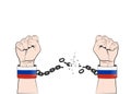 Hands of free people smash shackles with russian flag. Stop the war in Ukraine