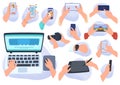 Hands with gadgets and electronic devices, modern computer technology smartphone, tablet, laptop, vector illustration Royalty Free Stock Photo