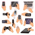 Hands with gadgets vector hand holding phone or camera illustration set of character working on digital devices laptop Royalty Free Stock Photo