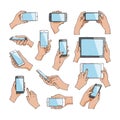 Hands with gadgets vector hand holding phone or tablet and character working on smartphone illustration set of digital