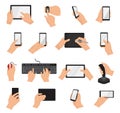 Hands with gadgets vector hand holding phone or tablet illustration set of character working on digital device with