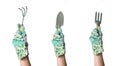 Hands in garden gloves holding gardening tool Royalty Free Stock Photo