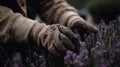 Hands of a gardener cut lavender inflorescences. Generative AI