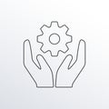 Hands with gear or cogs line icon. Installation, technology and support outline sign. Vector illustration.