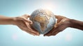 The hands gently embracing the Earth symbolize unity and global connection. AI generated image Royalty Free Stock Photo