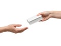Hands gently exchanging a small white box Royalty Free Stock Photo