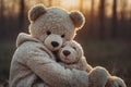 Hands gently hugging a worn teddy bear with soft pastel light Royalty Free Stock Photo