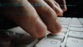 Close-Up View of Hands Typing on a Keyboard with Code Snippets and Programming Syntax in Background for Technology and Royalty Free Stock Photo