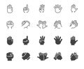 Hands gesticulation buttons in line and glyph style. Handshake, applause, index finger, palm, high five and other icons