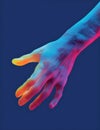 Hands gesture in neon light. Abstarct artistic composition. Bright vivid bold colors. Surrealistic collage artwork. Isolated dark