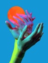 Hands gesture in neon light. Abstarct artistic composition. Bright vivid bold colors. Surrealistic collage artwork. Isolated dark