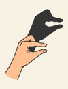 Hands gesture shadow. Gaming animal puppet from hand. Light shade imagination ingenious. Hand play theatrical puppet