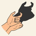 Hands gesture shadow. Gaming animal puppet from hand. Light shade imagination ingenious. Hand play theatrical puppet