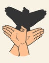 Hands gesture shadow. Gaming animal puppet from hand. Light shade imagination ingenious. Hand play theatrical puppet