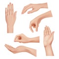 Hands gestures. Female caring skin palm and fingers nails woman cosmetics hands realistic closeup vector