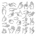 Hands gestures. Human pointing hands showing thumbs up down like best vector doodle set